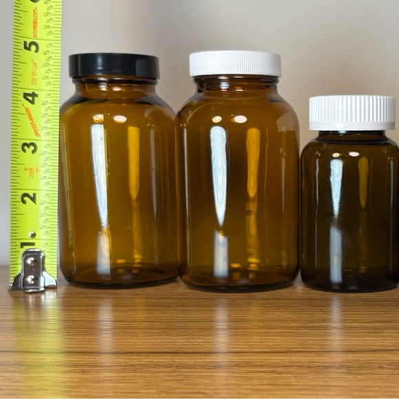 Set of Amber Glass Medicine Bottles Jars with Black White & Green Lids, [5 Jars] - Picture 3 of 5